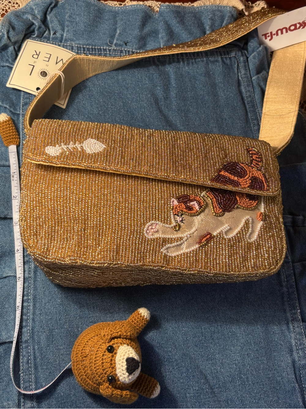 T.J.Maxx Gold Beaded Crossbody Bag with Cat Embroidery - Picture 2 of 6